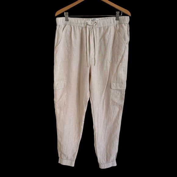 Nicole Miller NY size XL Oatmeal 100% Linen Cargo Jogger Pants Pull On Flax - Picture 1 of 6